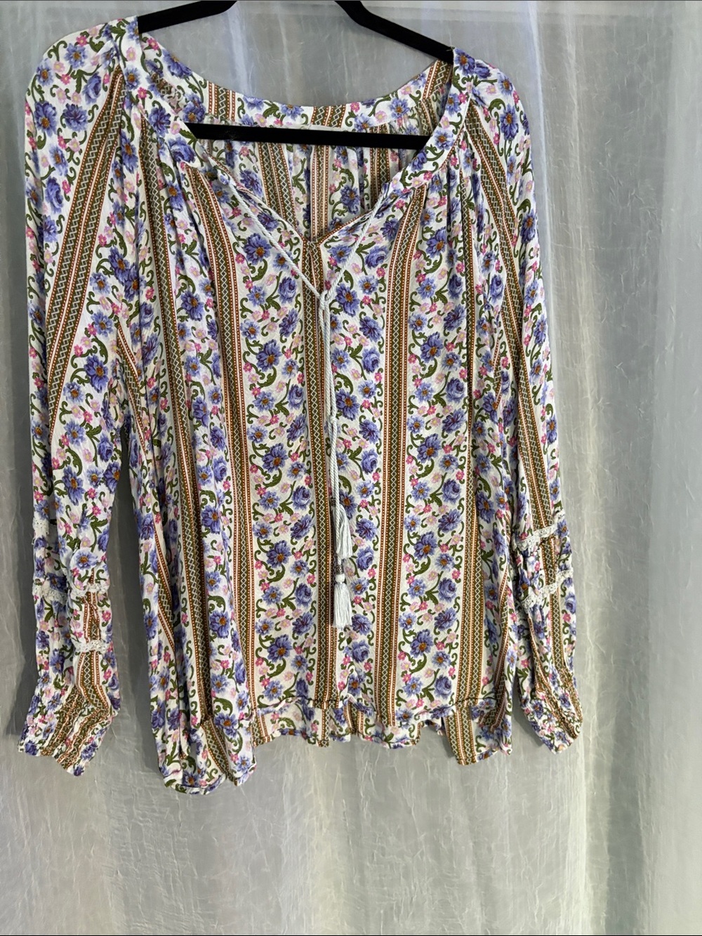Boho Floral Stripe Peasant Tunic - White with Purple & Brown